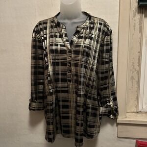 Cocomo Woman XL Black Gold Blouse Roll-Tab Sleeve Boho Tunic Top Holiday Shimmer